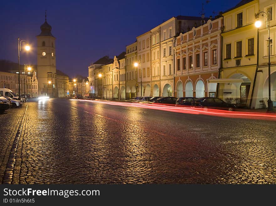 Old town square in Litomysl at night lighting. UNESCO heritage.