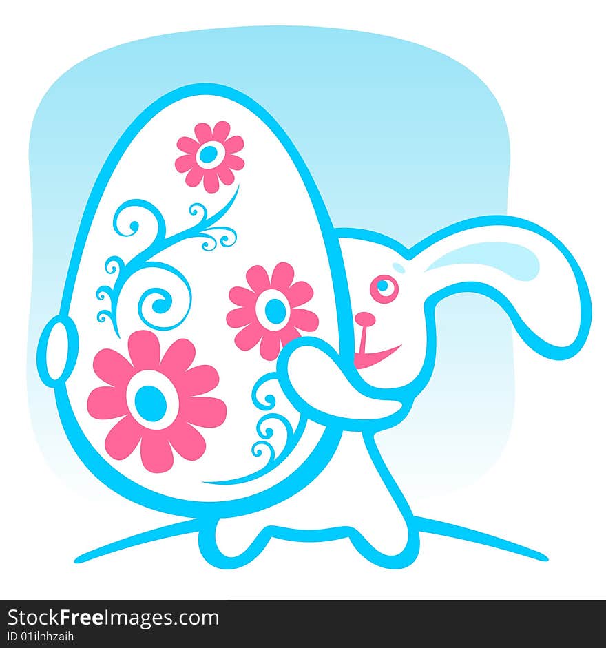 Cartoon rabbit with easter egg on a blue background.