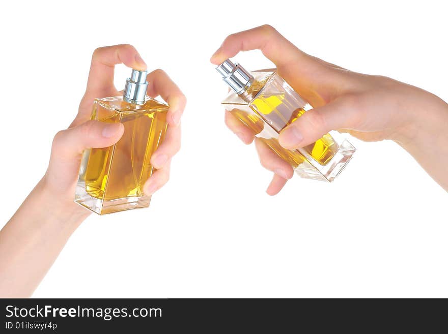 Perfume bottles in hands. Series