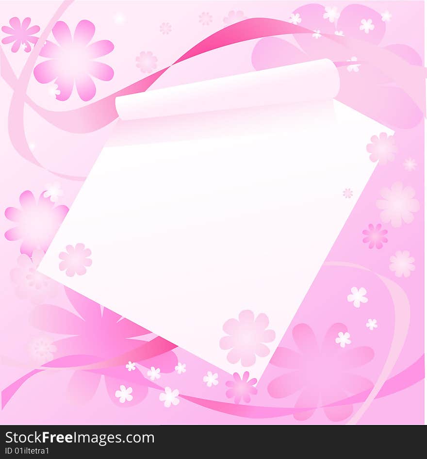 White sheet of a paper with the twirled corner on a pink
 background with flowers. White sheet of a paper with the twirled corner on a pink
 background with flowers