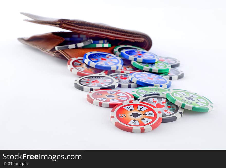 Leather wallet with poker chips isolated on white. Leather wallet with poker chips isolated on white