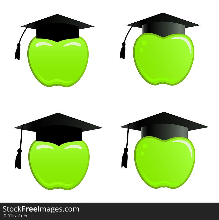 Green apple in graduation cap. Four different pictures: in the big and small caps.