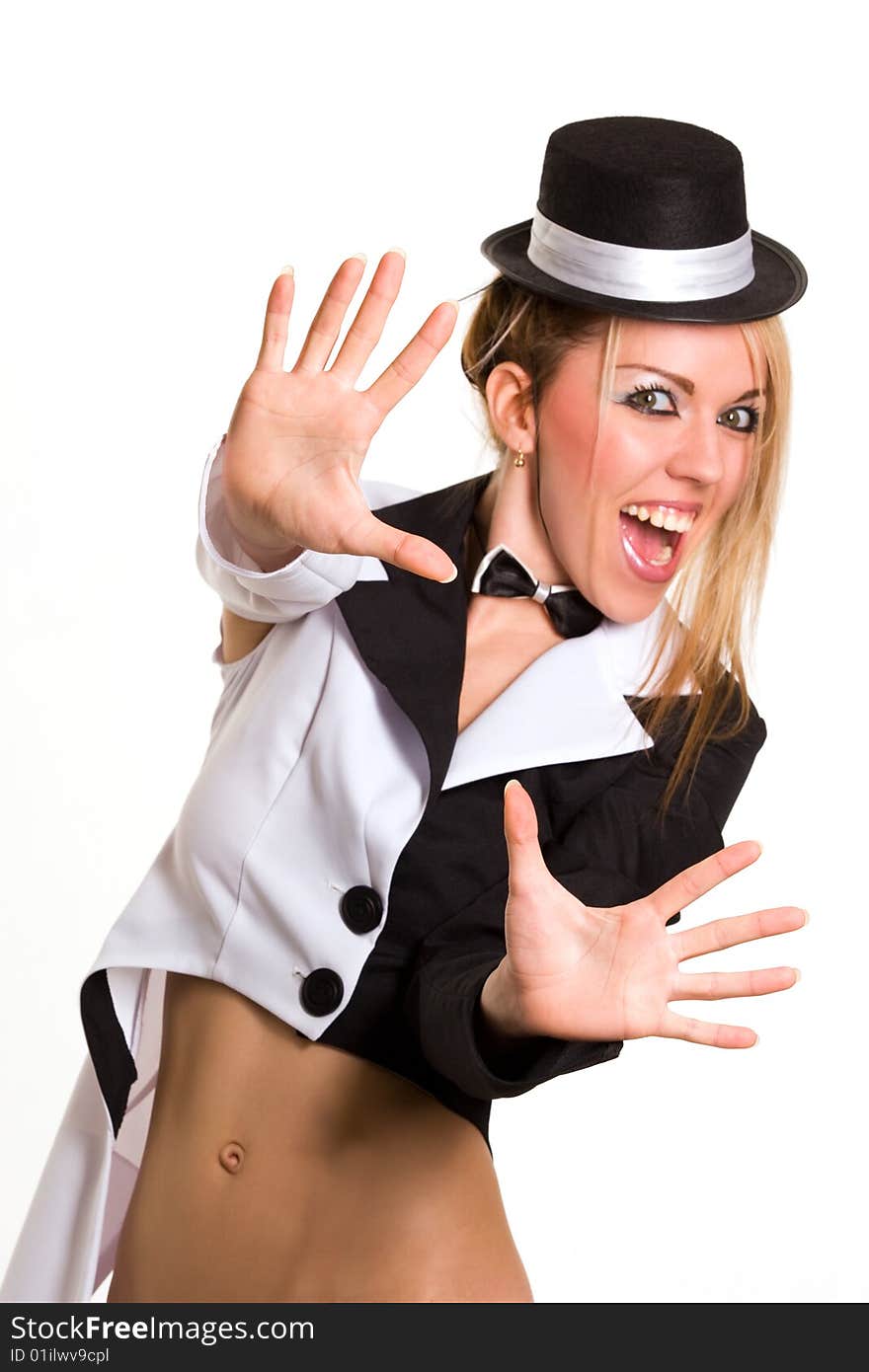 Sexy woman with small top hat and theatrical costume. Sexy woman with small top hat and theatrical costume