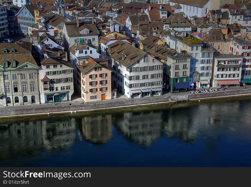 Limmat waterfront - aerial, Zurich