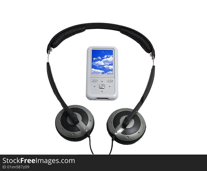 A black headphone and a white MP3. A black headphone and a white MP3