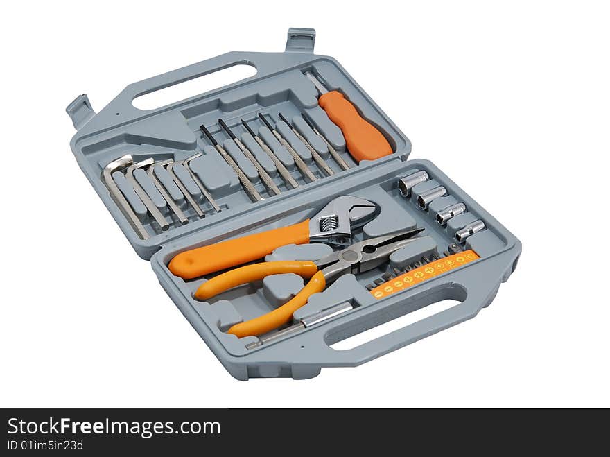 An opened portable gray toolbox.