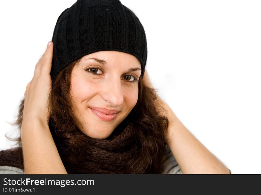 Cute girl in winter hat isolated