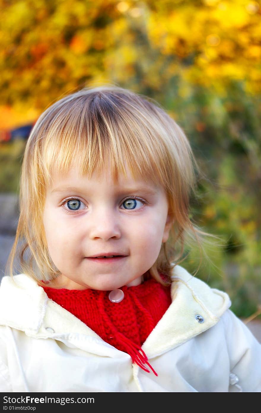 Cute little girl and yellow autumnal leaf. Cute little girl and yellow autumnal leaf