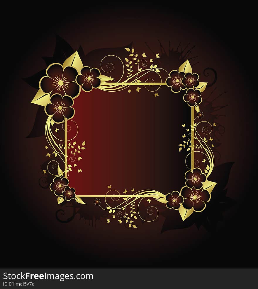 Golden floral frame on red background