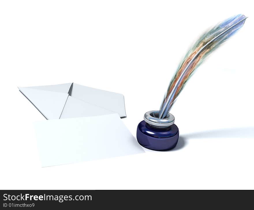 Inkstand with a quill near envelope and empty sheet of paper