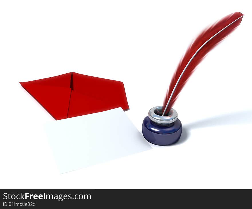 Inkstand with a quill near red envelope and empty sheet of paper