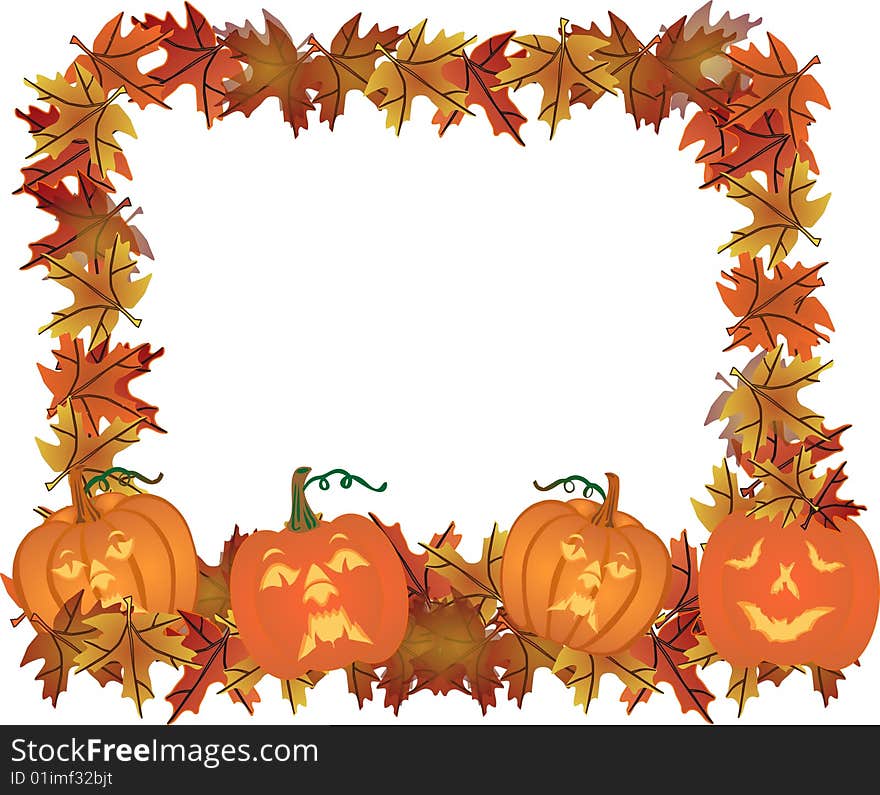 Fall leaves and  carved pumpkins forming a frame for your text, in a colorful illustration. Fall leaves and  carved pumpkins forming a frame for your text, in a colorful illustration..