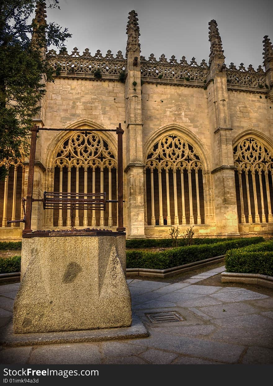 Old well at main court of Segovia's Cathedral, Spain