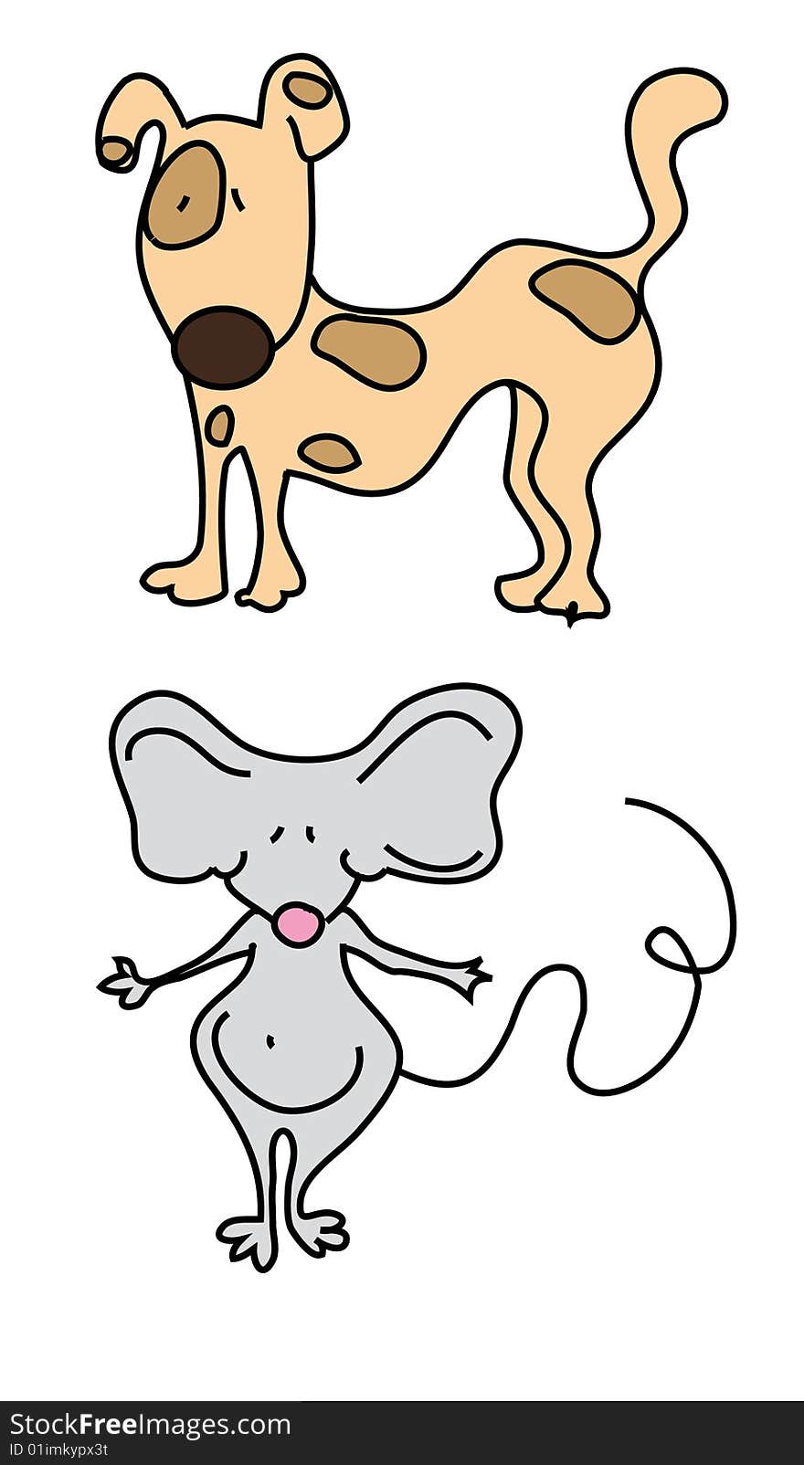 An illustration of mouse and dog. An illustration of mouse and dog