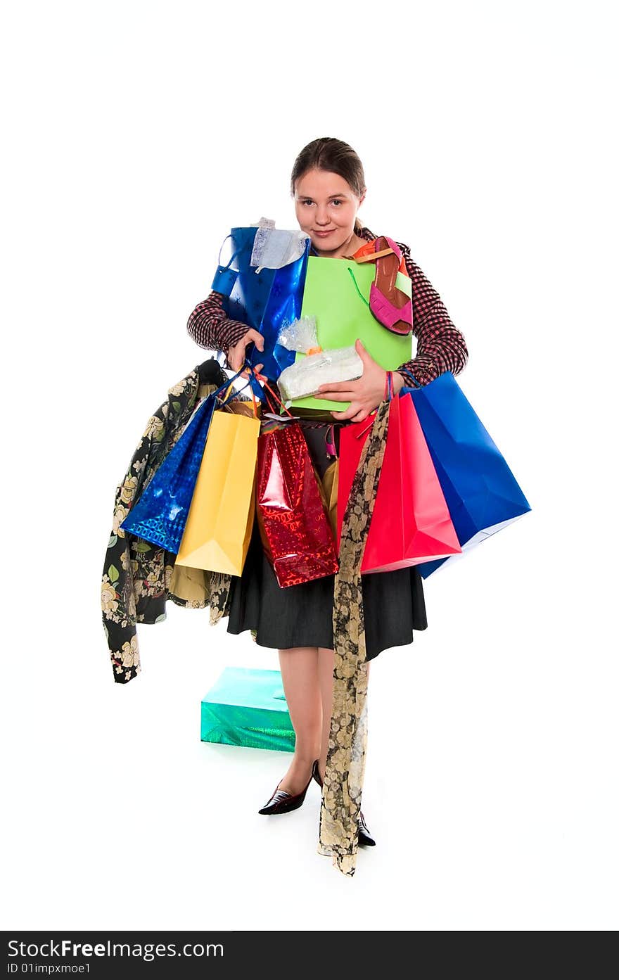 Young woman go shopping isolated on white