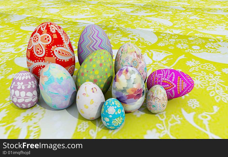 Easter eggs on table cloth