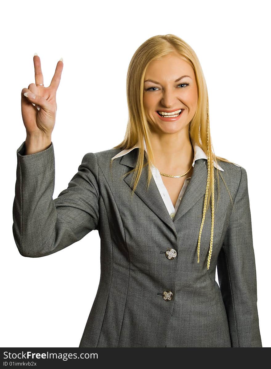 Businesswoman show victory sign isolated over white with clipping path