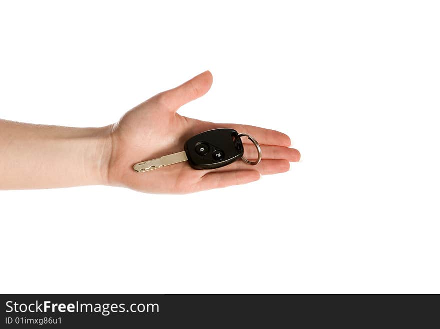 Hand giving key isolated on white background