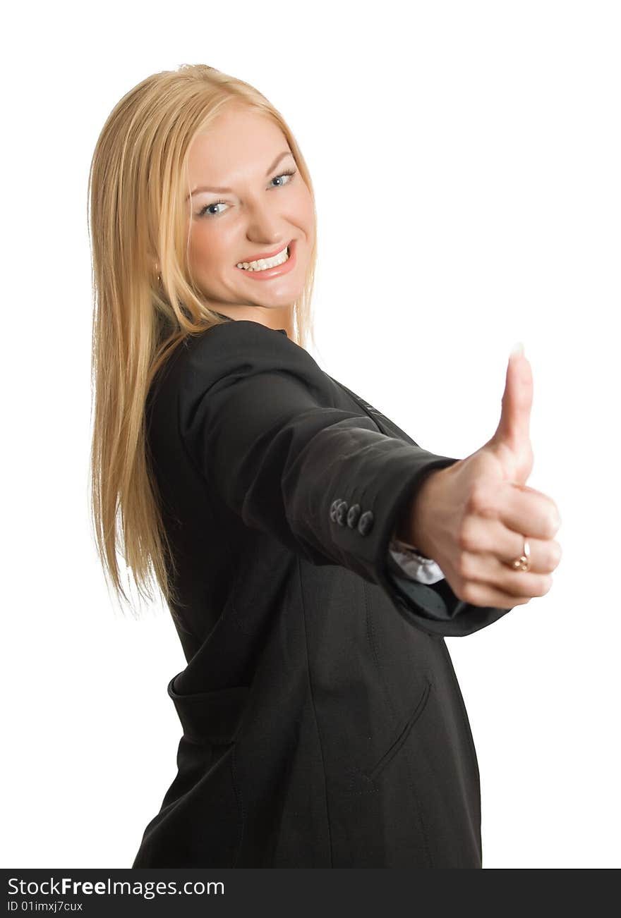 Businesswoman show thumb up sign isolated over white with clipping path