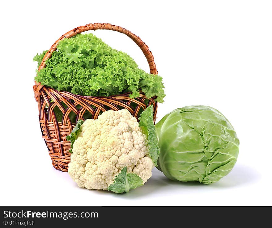 Basket with lettuce,cabbage and cauliflower. Basket with lettuce,cabbage and cauliflower