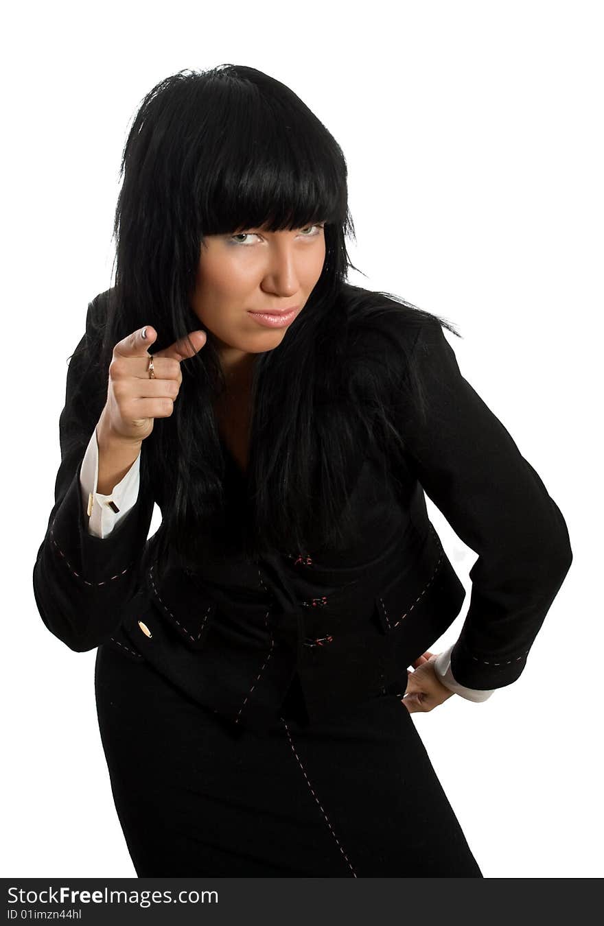 Portrait of girl pointing at you isolated over white with clipping path