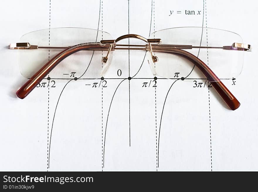 A pair of glasses on a maths teach book. A pair of glasses on a maths teach book