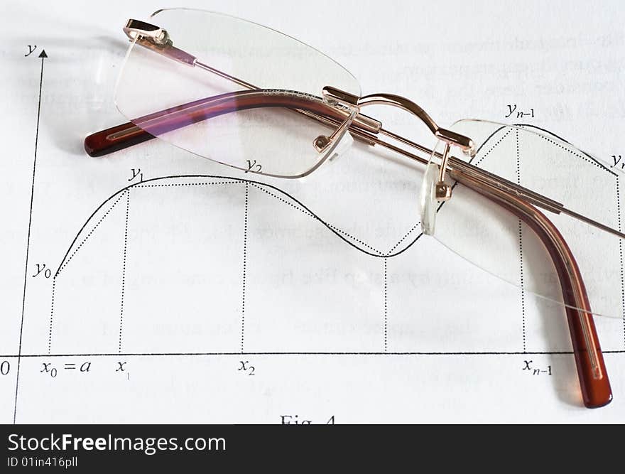 A pair of glasses on a maths teach book. A pair of glasses on a maths teach book