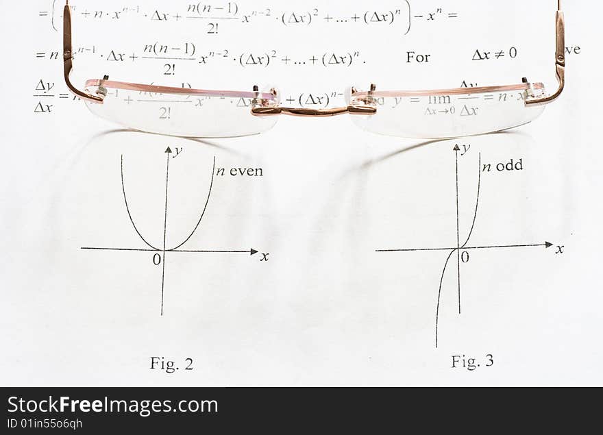 A pair of glasses on a maths teach book. A pair of glasses on a maths teach book