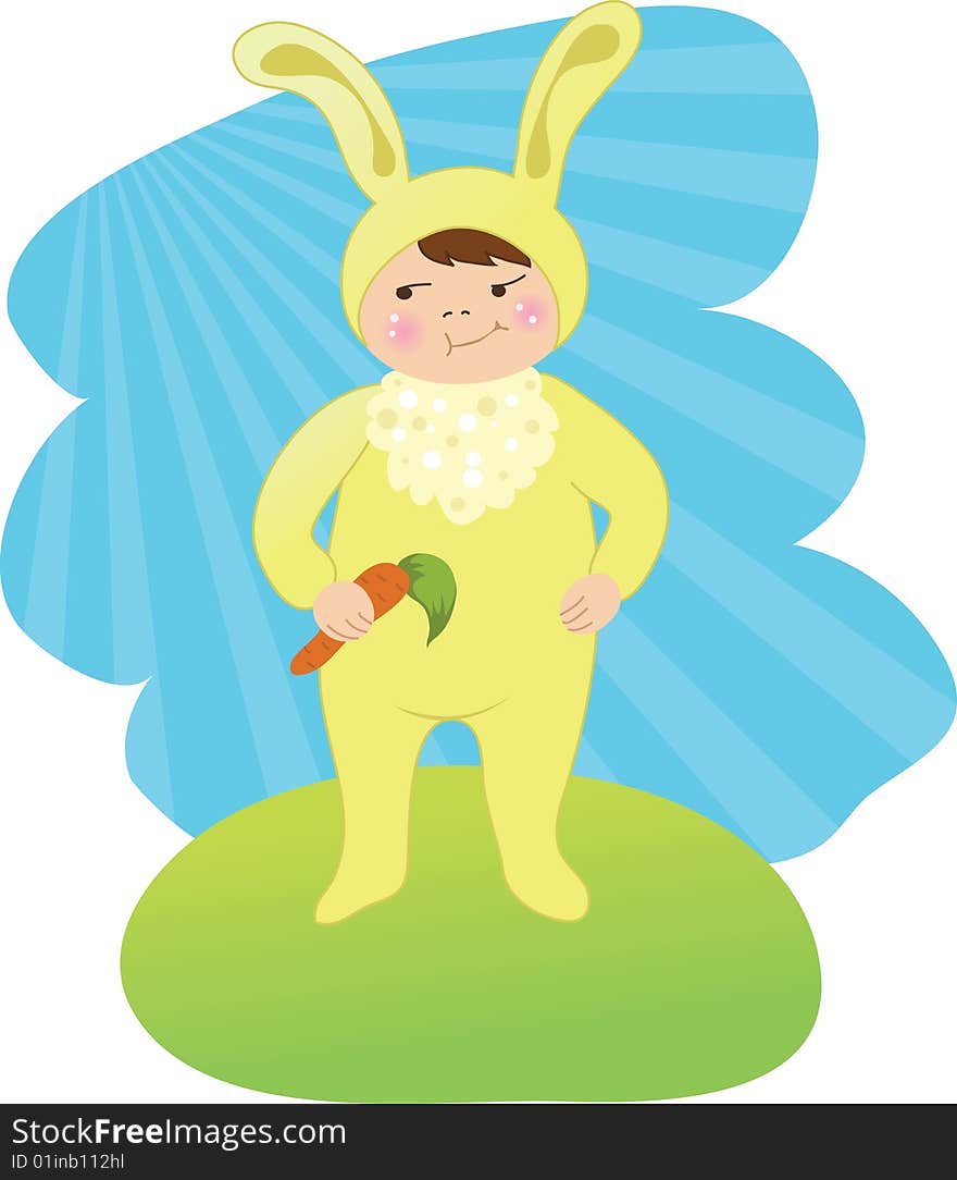 Happy kid in a costume of easter bunny, holding a carrot. vector is also available