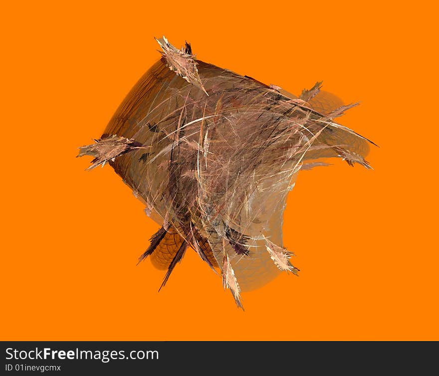 Fractal illustration of feathers and membranes on orange background