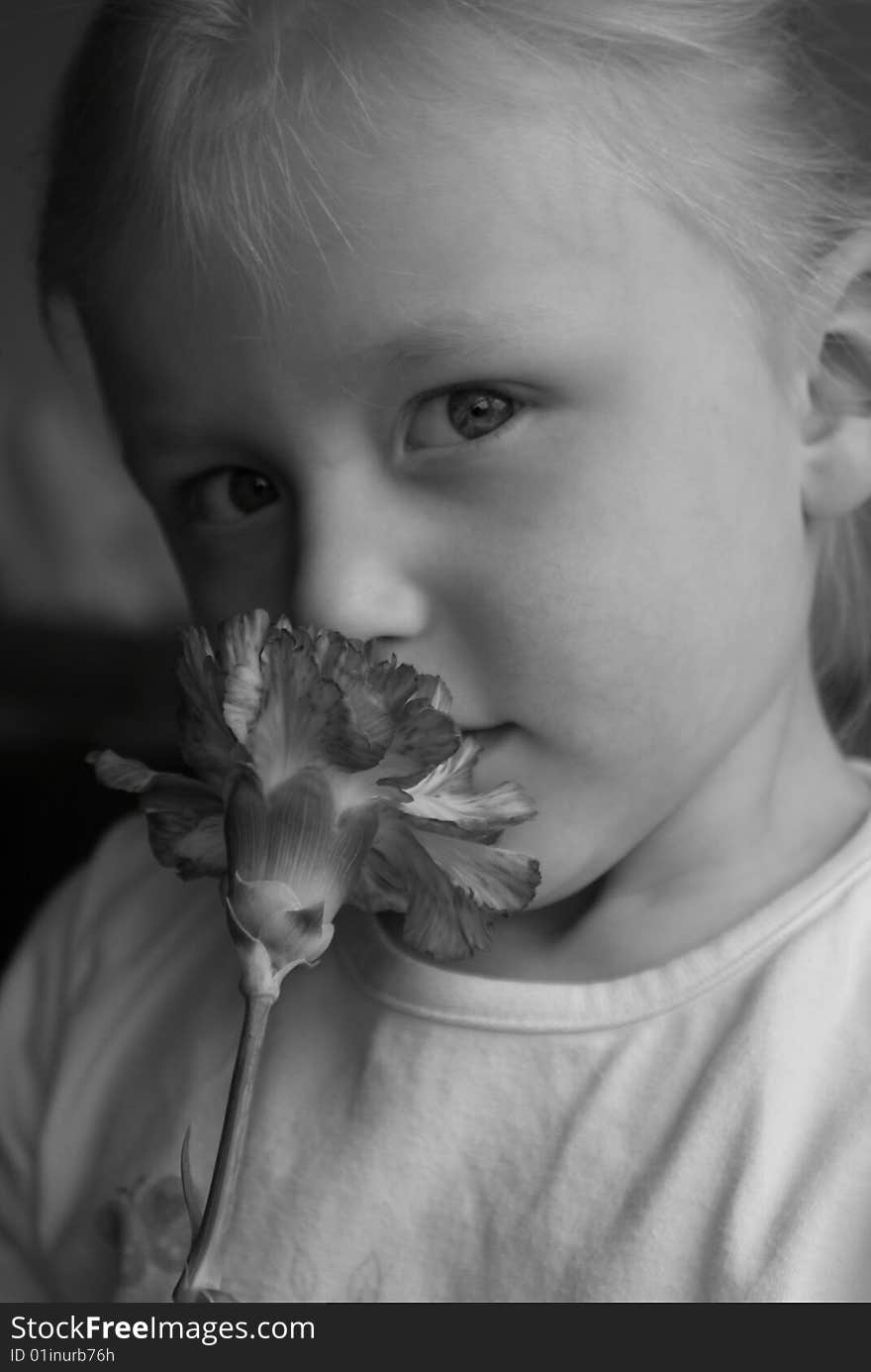 Beautiful young girl smelling a carnation. Beautiful young girl smelling a carnation.