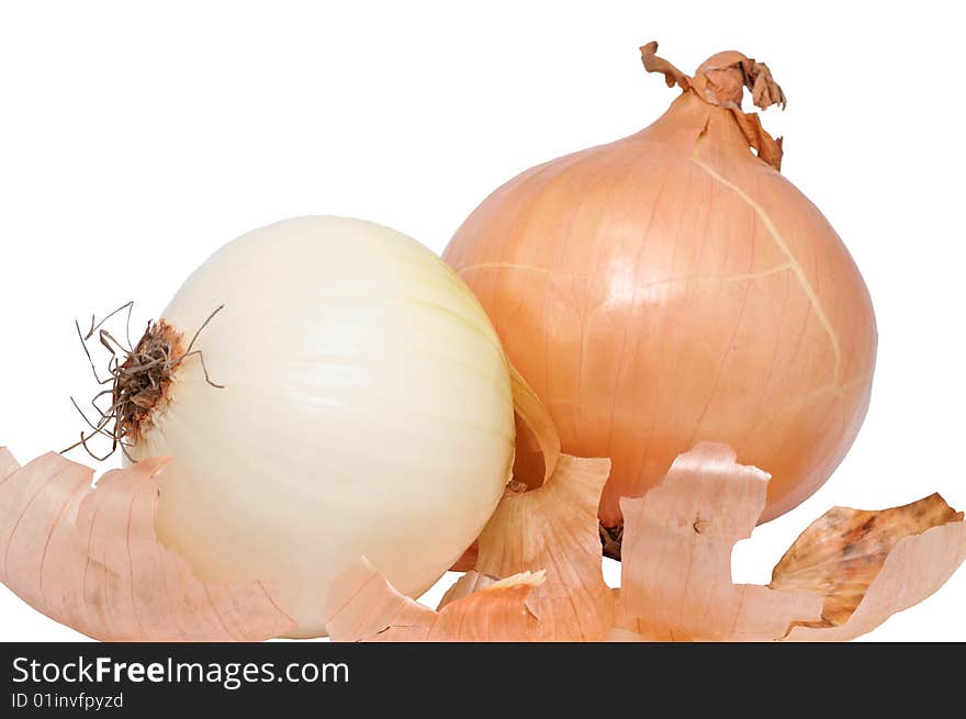 Pair of onions, one is peeled. on white background