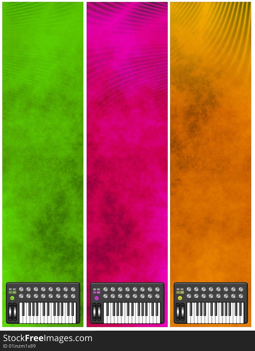 Grunge vertical banners with some styilized synthesizer keyboards. Grunge vertical banners with some styilized synthesizer keyboards.