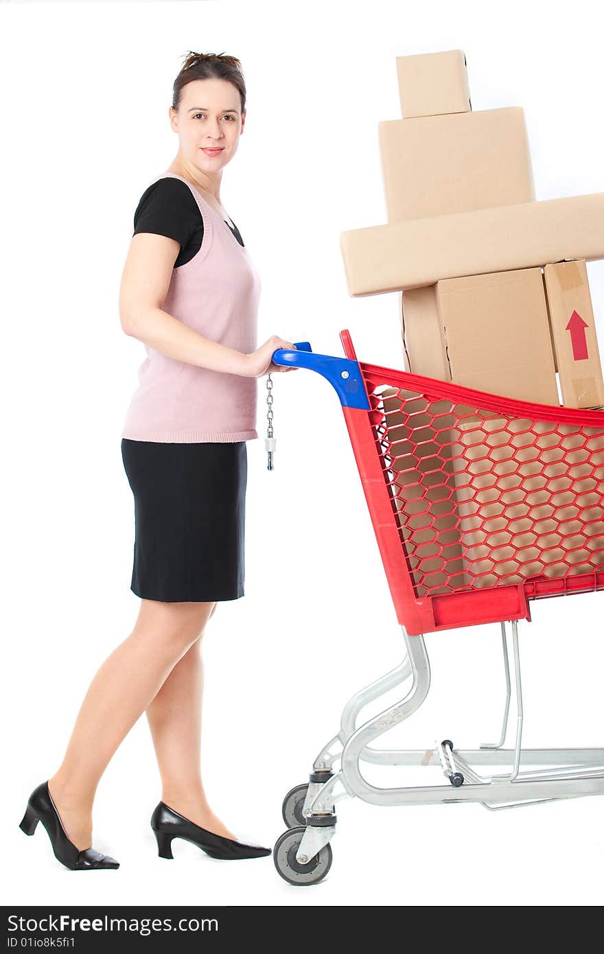 A happy woman in a shopping scenario on white. A happy woman in a shopping scenario on white.