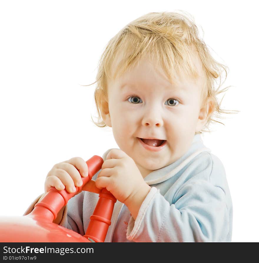 Kid with a toy on a white background