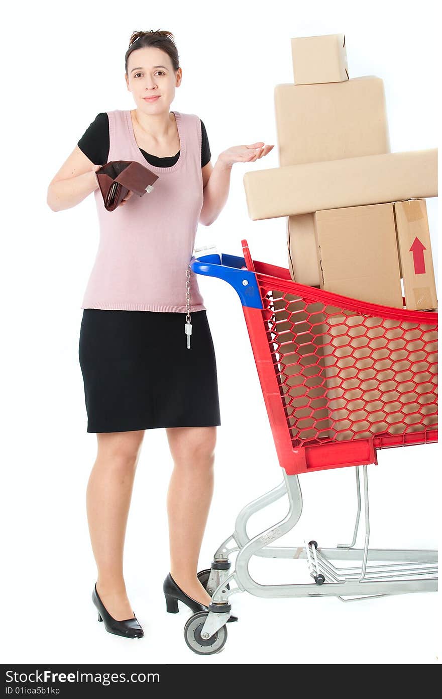 A woman with an empty purse in a shopping scenario. A woman with an empty purse in a shopping scenario