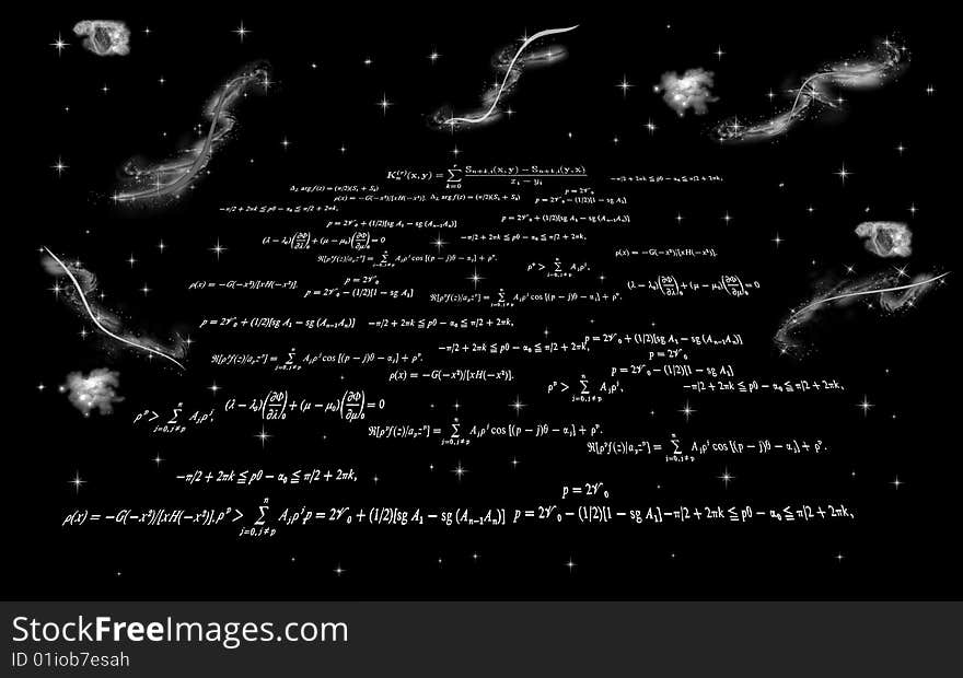 Lots of mathematicals formulas on black bakground with stars ad bakground. Lots of mathematicals formulas on black bakground with stars ad bakground