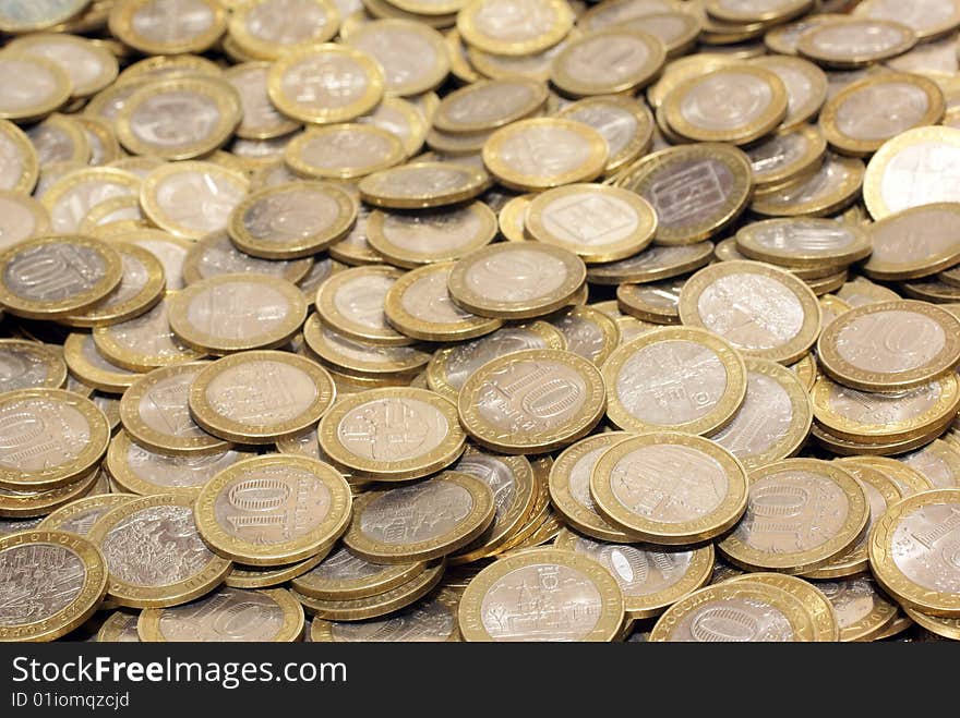 Heap of ten rouble coins