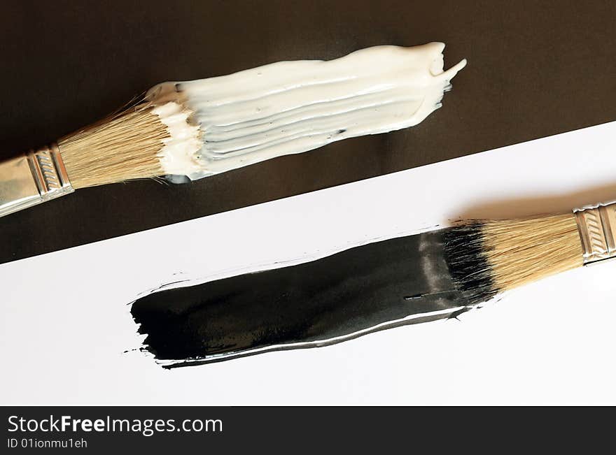 Two brushes with black and white paints