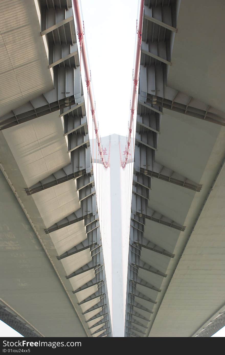 The bottom of a large cable stayed modern bridge. The bottom of a large cable stayed modern bridge.