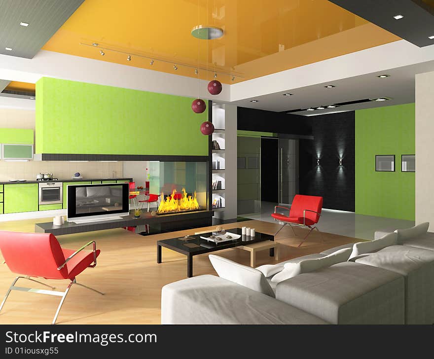 Interior of a room with a fireplace and a kind on a kitchen zone. Interior of a room with a fireplace and a kind on a kitchen zone