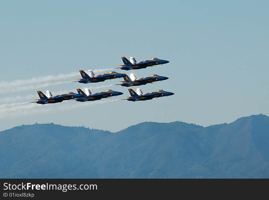 Blue Angel flying over Golden Gate in San Francisco, CA. Blue Angel flying over Golden Gate in San Francisco, CA