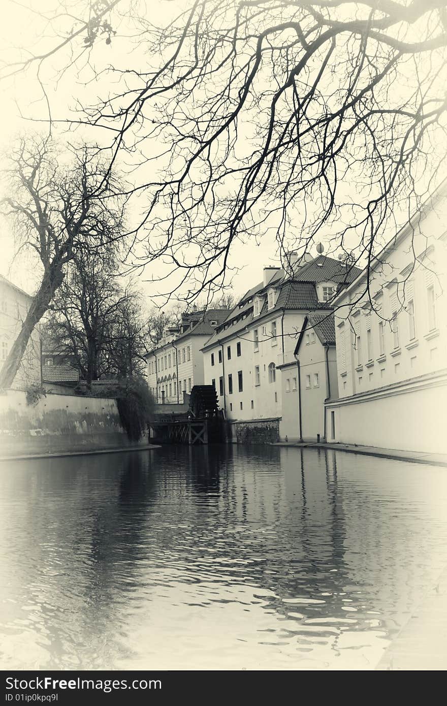 Old water mill on Kampa island in Czech capital Prague-photo in retro vintage style. Old water mill on Kampa island in Czech capital Prague-photo in retro vintage style