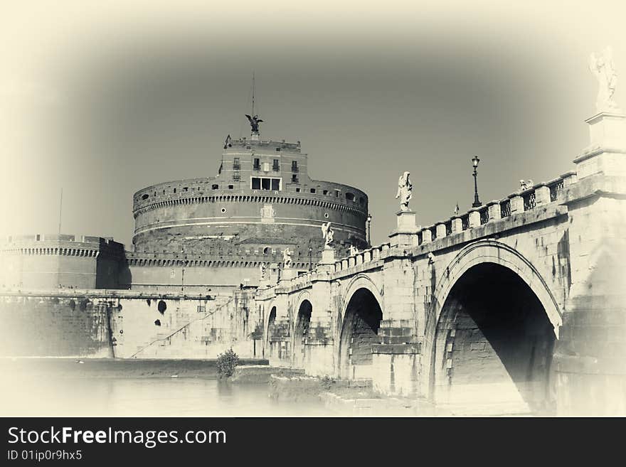 Famous San Angelo bridge and castle in Rome,Italy-photo in old retro style