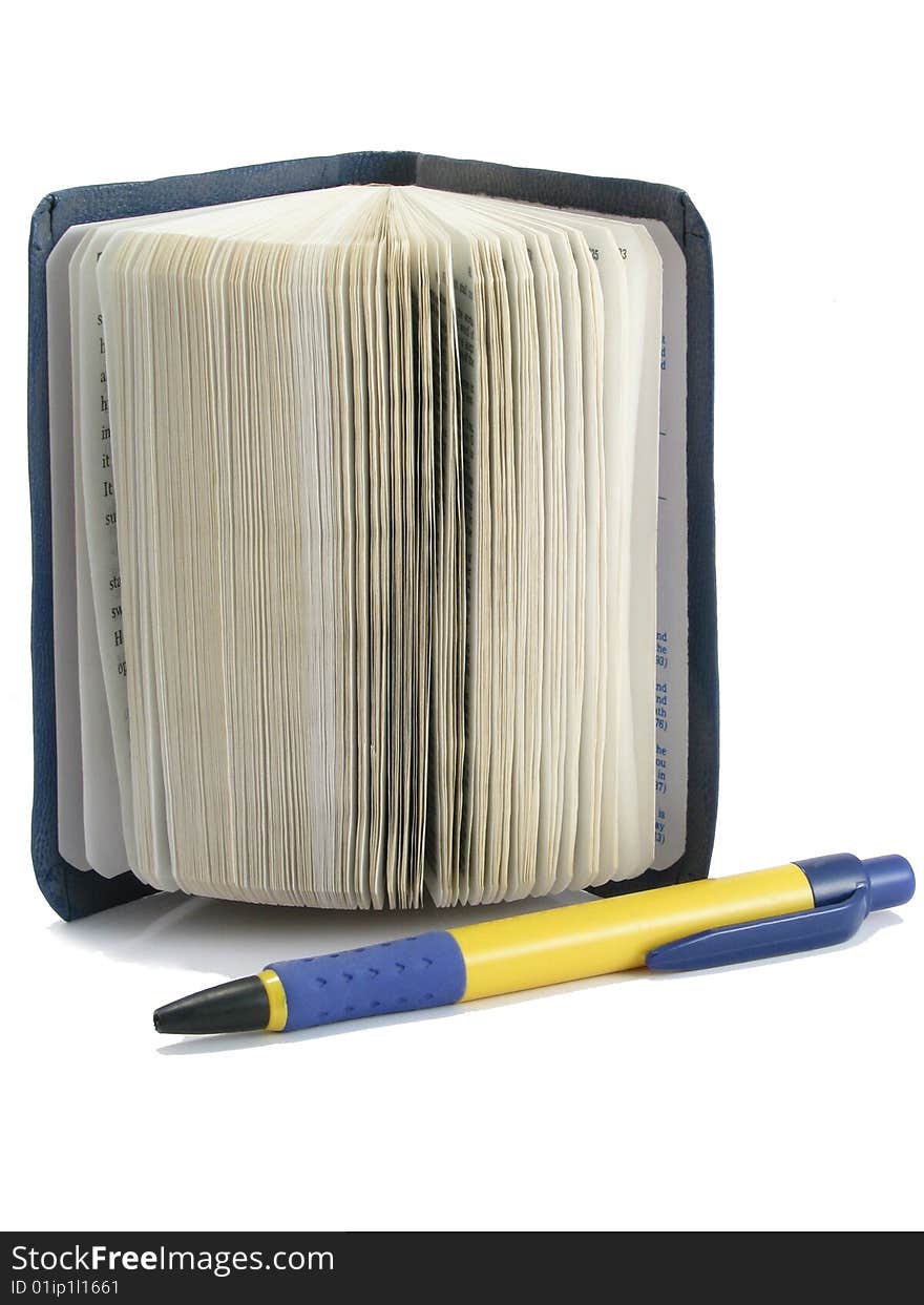 An open notebook with pencil on a white background