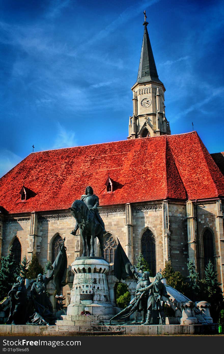 Medieval church and statue of Mathias Rex.