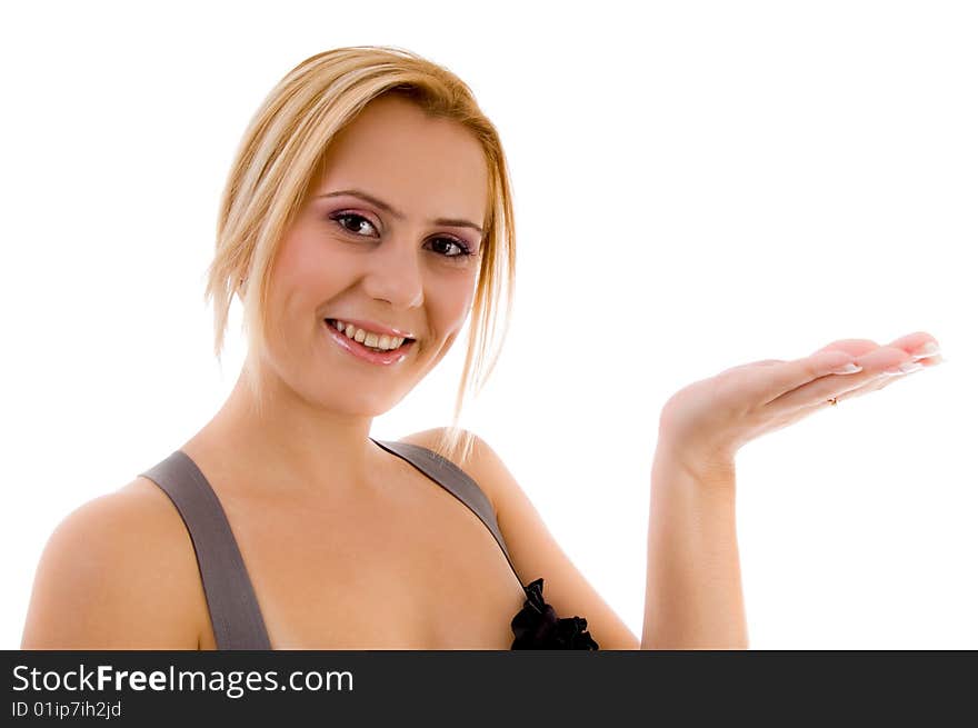 Female showing flat palm on an isolated white background