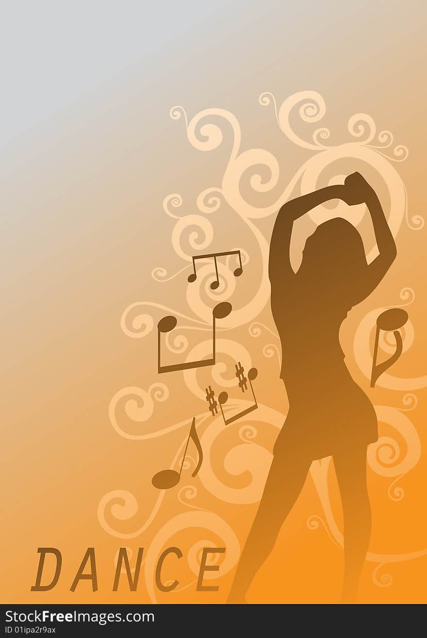 Dancing girl background with spiral floral elements.