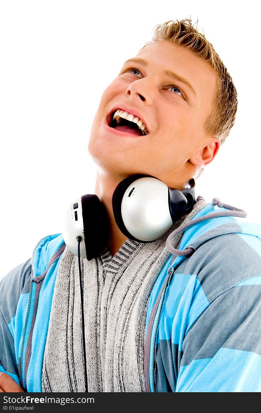 Man with headphones around his neck on an isolated white background