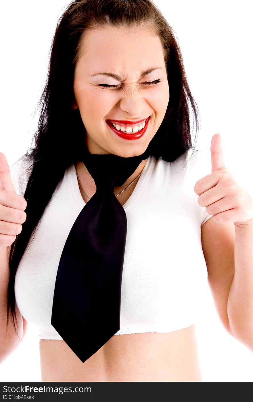 Fashionable gorgeous female showing thumbs up on an isolated background